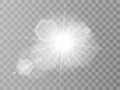 White glowing light burst explosion with transparent. Vector illustration for cool effect decoration with ray sparkles Bright star