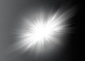 White glowing light explodes on a transparent background. Sparkling magical dust particles. Bright Star. Transparent shining sun, Royalty Free Stock Photo