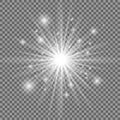 White glowing light explosion with transparent background. Vector illustration. Bright star. Shining flare Royalty Free Stock Photo