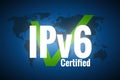 White glowing text IPv6 on world map blue background. Text certified and green check mark. Royalty Free Stock Photo