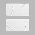 White glued crumpled rectangle stickers mock up set. Blank white adhesive paper or plastic sticker label with wrinkled Royalty Free Stock Photo