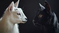 White Goat and Black Cat Portrait Royalty Free Stock Photo