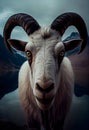 White goat with blue eyes and horns on the background of mountains. AI Generative