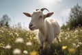 White goat grazes in a field with green grass and dandelions on a sunny day. Horned goat walks on a green meadow. Generative AI