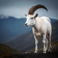 A white goat with horns standing on a rocky hill