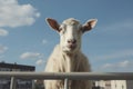 a white goat looking over a fence at the camera Royalty Free Stock Photo