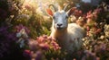 White Goat In The Middle Of Flowers: A Joel Robison-inspired Intense Gaze Royalty Free Stock Photo