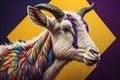 White goat with multicolored hair on a purple and yellow background. ai generated