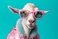 A white goat in a pink jacket and pink glasses as a stylish model.