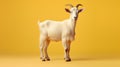 A white goat standing against a vibrant yellow backdrop