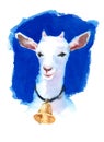 White Goat Wearing a Bell Watercolor Hand Painted Farm Animals Illustration on bright blue background