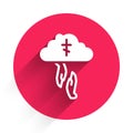 White God's helping hand icon isolated with long shadow. Religion, bible, christianity concept. Divine help. Red circle Royalty Free Stock Photo
