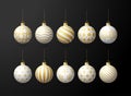 White and Gold Christmas tree toy oe balls set isolated on a black background. Stocking Christmas decorations. Vector object for Royalty Free Stock Photo