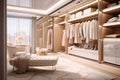 White and gold color women walk in closet, with warm wooden wardrobe, white drawer and armchair, modern luxury mixed with minimal