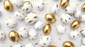 White and gold Easter eggs on a white background, top view. Royalty Free Stock Photo