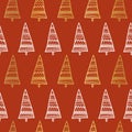 White and gold foil abstract Christmas trees on red background seamless vector pattern. Winter holidays design. Royalty Free Stock Photo
