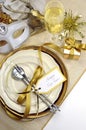 White and gold Happy New Year elegant fine dining table place setting - vertical Royalty Free Stock Photo