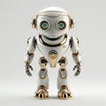 White and gold humanoid robot with blue eyes on white background. Studio 3D rendering.