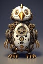 A white and gold mechanical owl sitting on top of a table. Generative AI image.