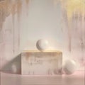 A white and gold painting with a box on it, balls in the background, AI Royalty Free Stock Photo