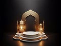 white gold podium, and arabian lantern dark background, ai generated Royalty Free Stock Photo