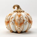 A white and gold pumpkin sitting on top of a table
