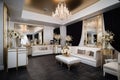 white-and-gold reception area with sleek furnishings, luxurious floral arrangements and crystal accents