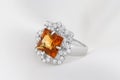 White Gold Ring With Citrine And Diamonds On Soft Whit Royalty Free Stock Photo