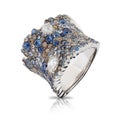 White gold ring with white diamonds, cognac diamonds and sapphires