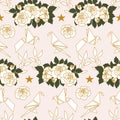 White and gold roses and paper birds in a seamless pattern design