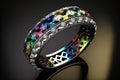 White Gold round cut with multi-colored diamonds full eternity ring on black background created with generative AI Royalty Free Stock Photo