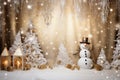 White and Gold Whimsical Snowman Christmas Tree Winter Holidays theme Backdrop Banner Copy Space Illustration