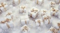 White with golden Christmas gift boxes. Minimalistic festive background, horizontal web banner. A cardboard box with a surprise Royalty Free Stock Photo