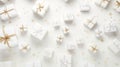White with golden Christmas gift boxes. Minimalistic festive background, horizontal web banner. A cardboard box with a surprise Royalty Free Stock Photo