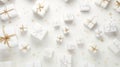 White with golden Christmas gift boxes. Minimalistic festive background, horizontal web banner. A cardboard box with a Royalty Free Stock Photo