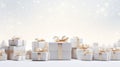 White with golden Christmas gift boxes. Minimalistic festive background, horizontal web banner with copy space. A Royalty Free Stock Photo
