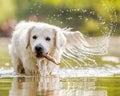 A White Golden Retriever walking through a lake. Royalty Free Stock Photo