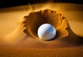 White golf ball in golden dry sand explosion on black background Royalty Free Stock Photo