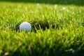 white golf ball on green lawn near hole Royalty Free Stock Photo