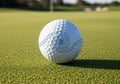 A white golf ball on a green surface, likely a putting green. The ball features a unique blue Royalty Free Stock Photo