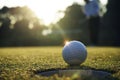 Golf ball putting on green grass near hole golf to win in game at golf course with sunset background Royalty Free Stock Photo