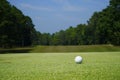 White golf ball near hole on green grass Royalty Free Stock Photo