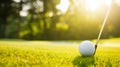 White golf ball on picturesque green golf course at the sunset. Pitch is perfectly prepared, grass is neatly trimmed. Royalty Free Stock Photo