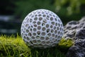 A white golf ball resting on top of a vibrant and well-maintained green field, An intricately designed golf ball, AI Generated