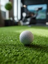 White golf ball resting on vibrant green indoor putting green with blurred background featuring golf simulation and exercise Royalty Free Stock Photo