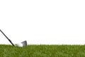 White golf ball and stick on green grass isolated on white. Horizontal sport poster, greeting cards, headers, website Royalty Free Stock Photo