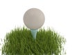 A white golf ball on tee in grass isolated on white background. Royalty Free Stock Photo