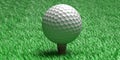 White golf ball on tee, green grass golf course, close up view. 3d illustration Royalty Free Stock Photo