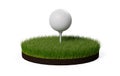 White golf ball on white golf tee on green grass patch with soil over white background Royalty Free Stock Photo