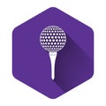 White Golf ball on tee icon isolated with long shadow. Purple hexagon button Royalty Free Stock Photo